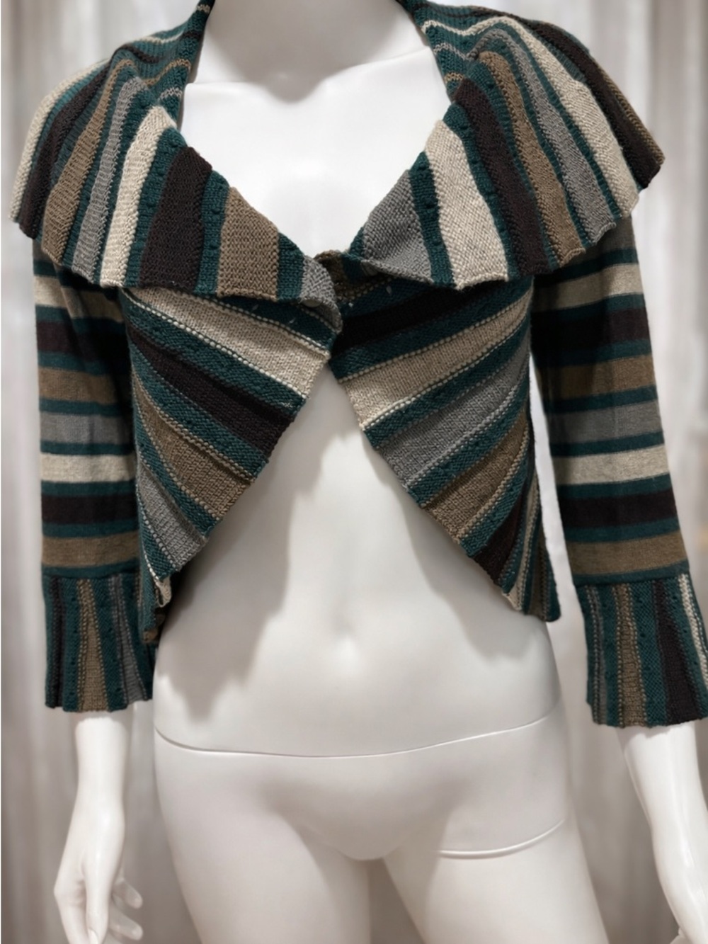 Emporio Armani Striped Cropped Shawl-Collar Cardigan in Teal, Brown & Cream